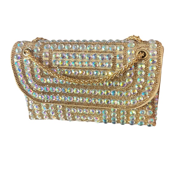 # B010  Gold  Iridescent  Rhinestone Evening Bag  Sparkly  Y2K Glam - Picture 1 of 1